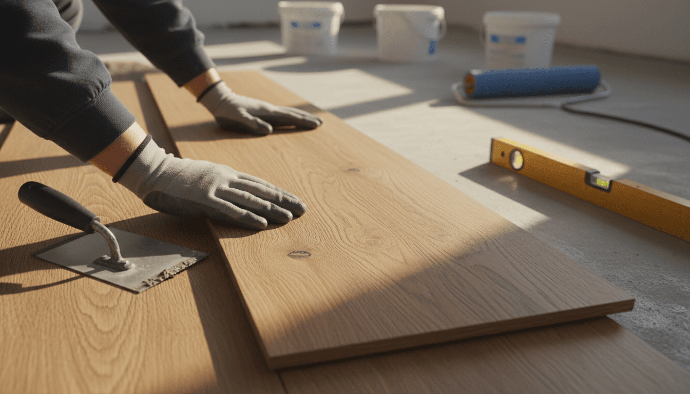 Hands fitting a wood floor plank in a bright room