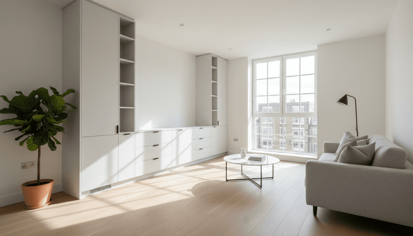 Finished London studio flat with new paint, flooring, and built-in storage