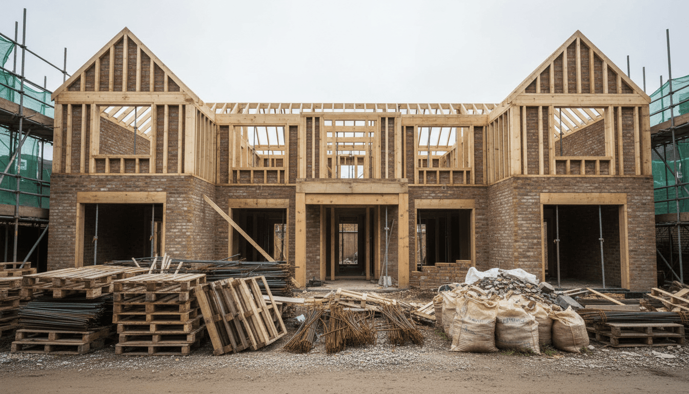 Raw timber framing and exposed brickwork on a London construction site