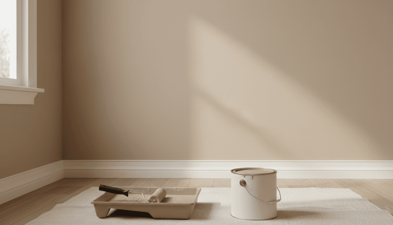 Freshly painted interior wall with roller tray and paint can in a sunlit London room