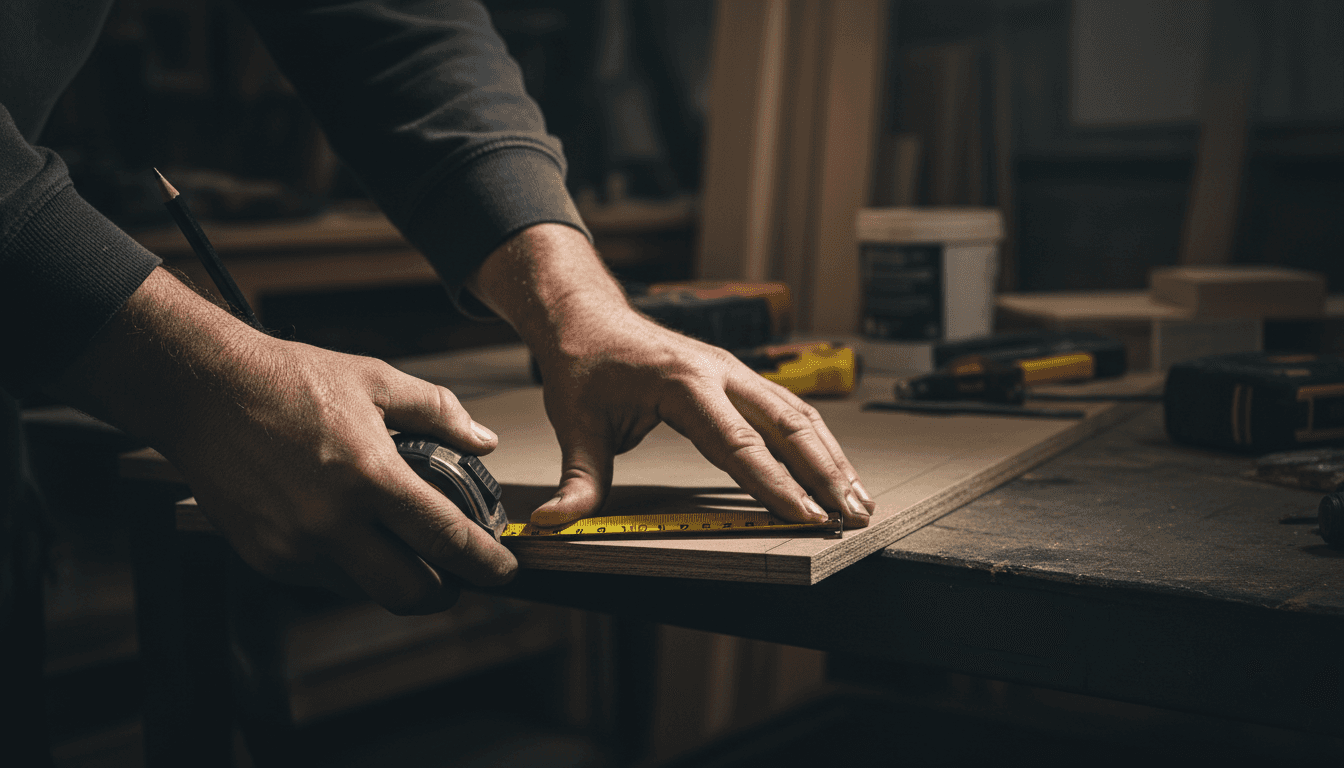 Builder measuring skirting board in a London workshop