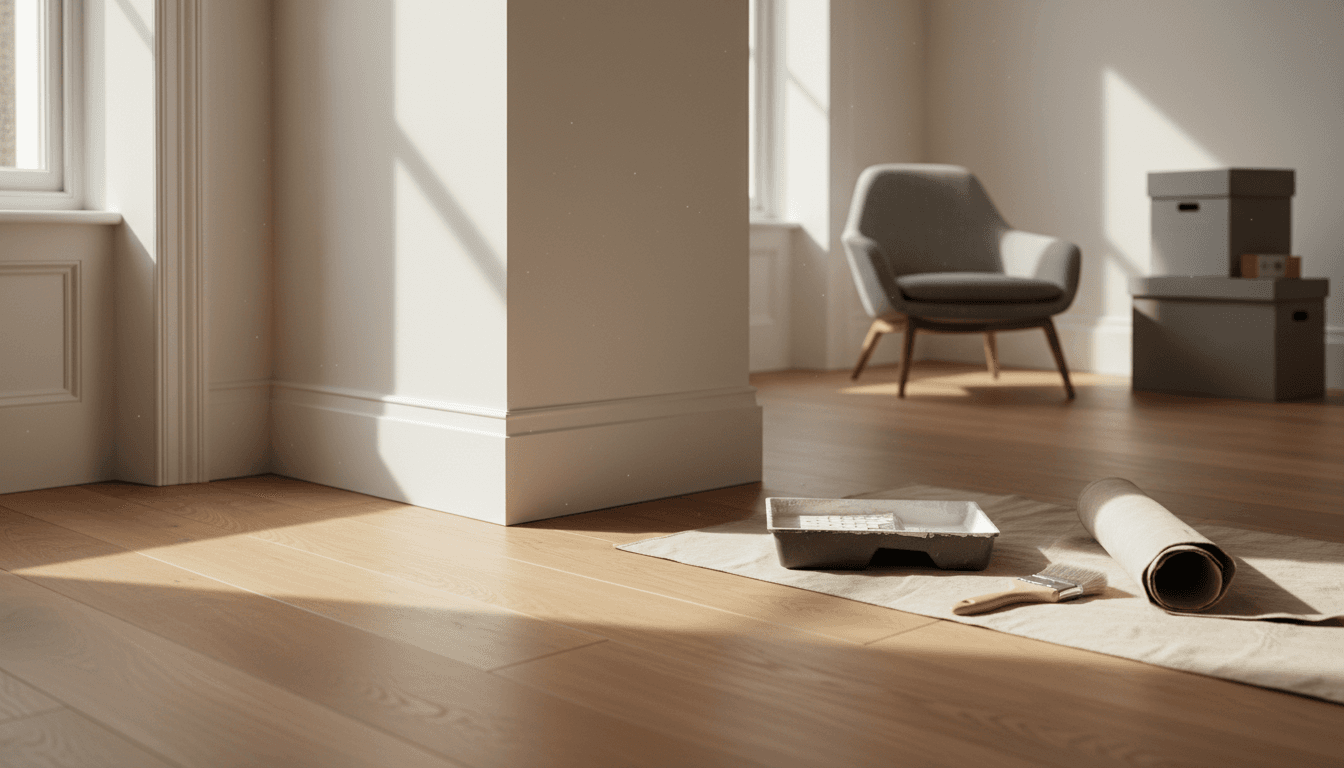 Freshly finished interior corner of a London flat with new hardwood flooring and painted walls