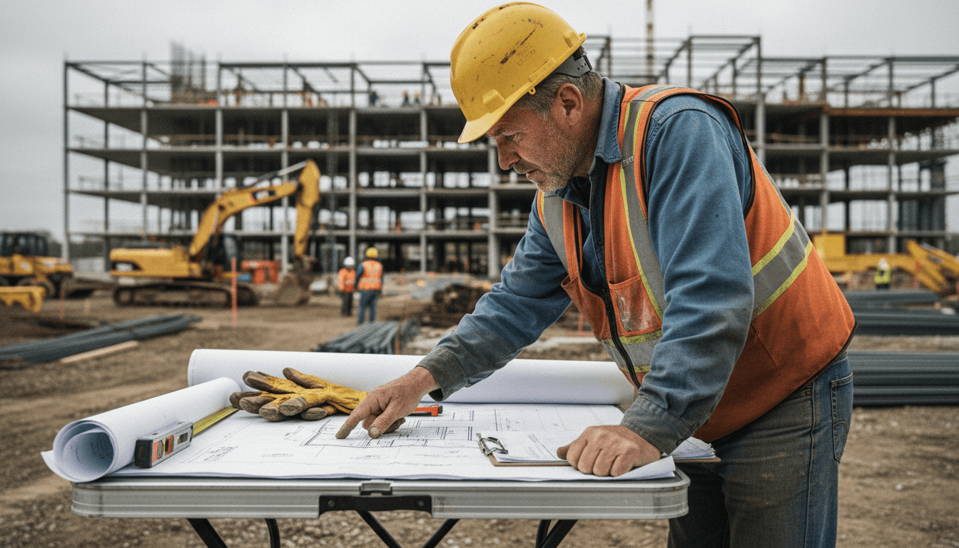Contractor reviewing building plans on a London construction site