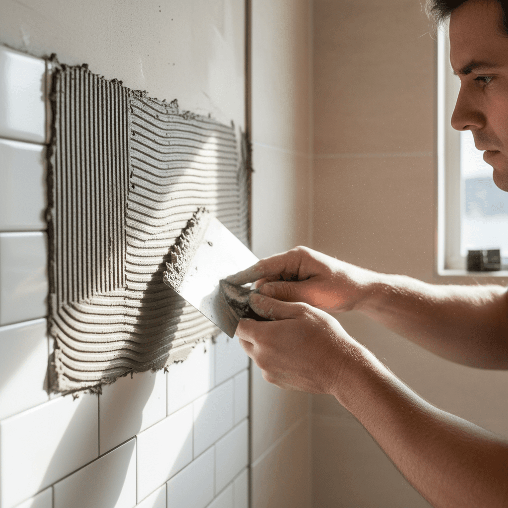 Tradesman fitting a large floor tile in a London hallway renovation