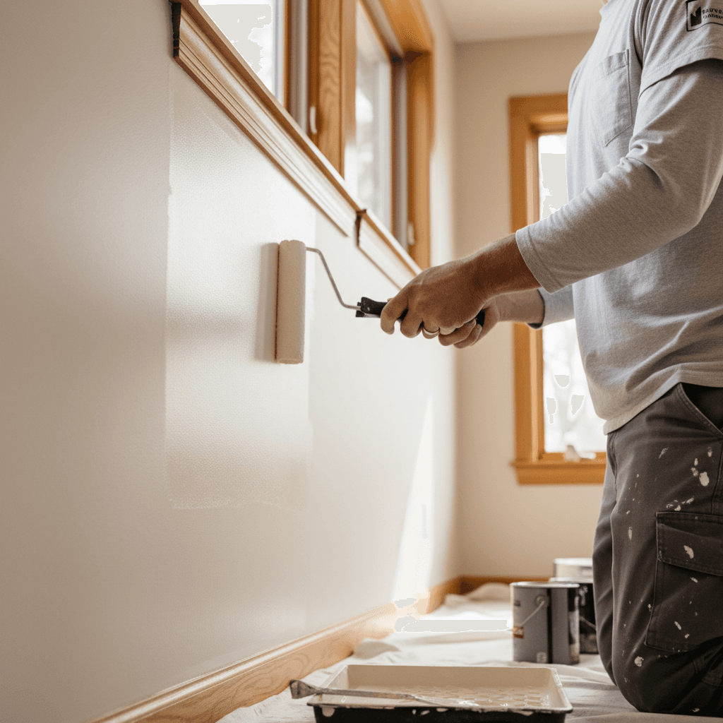 Female painter rolling emulsion onto a newly plastered wall in a London home