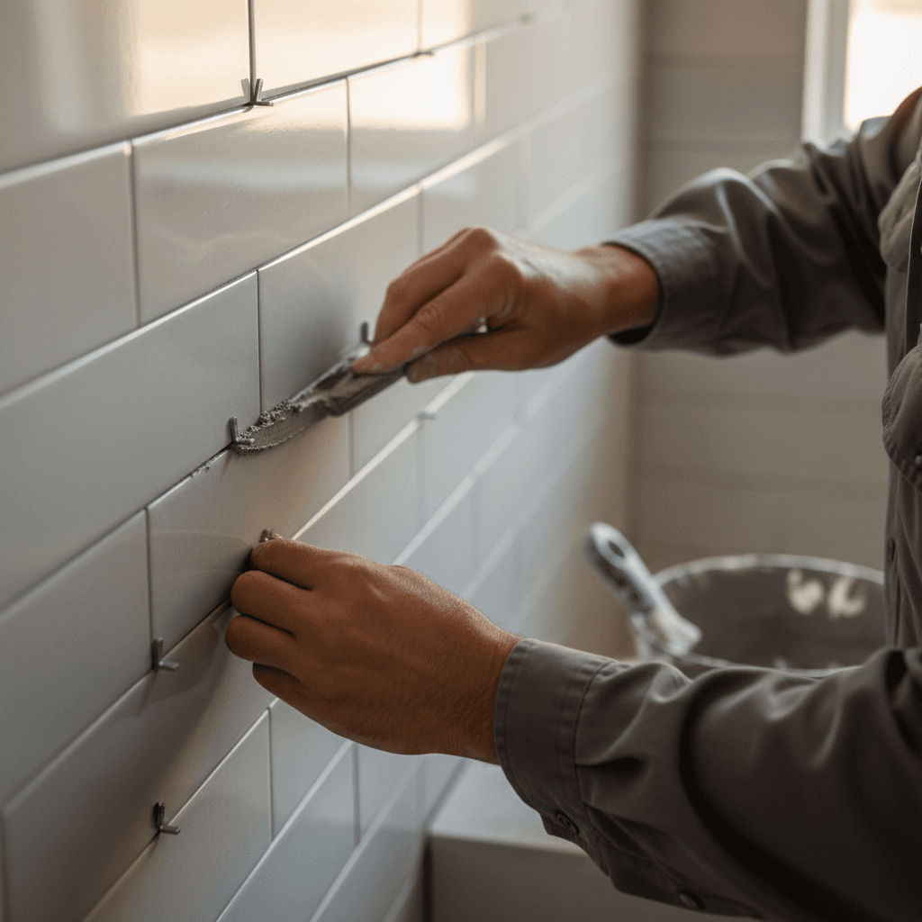 Tiler installing large format porcelain tiles on a bathroom wall
