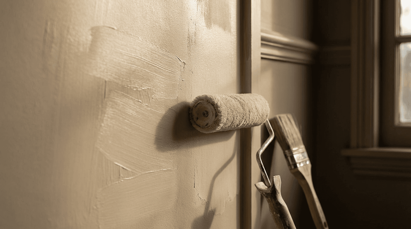 Freshly painted interior wall corner in a London flat with paint roller in foreground