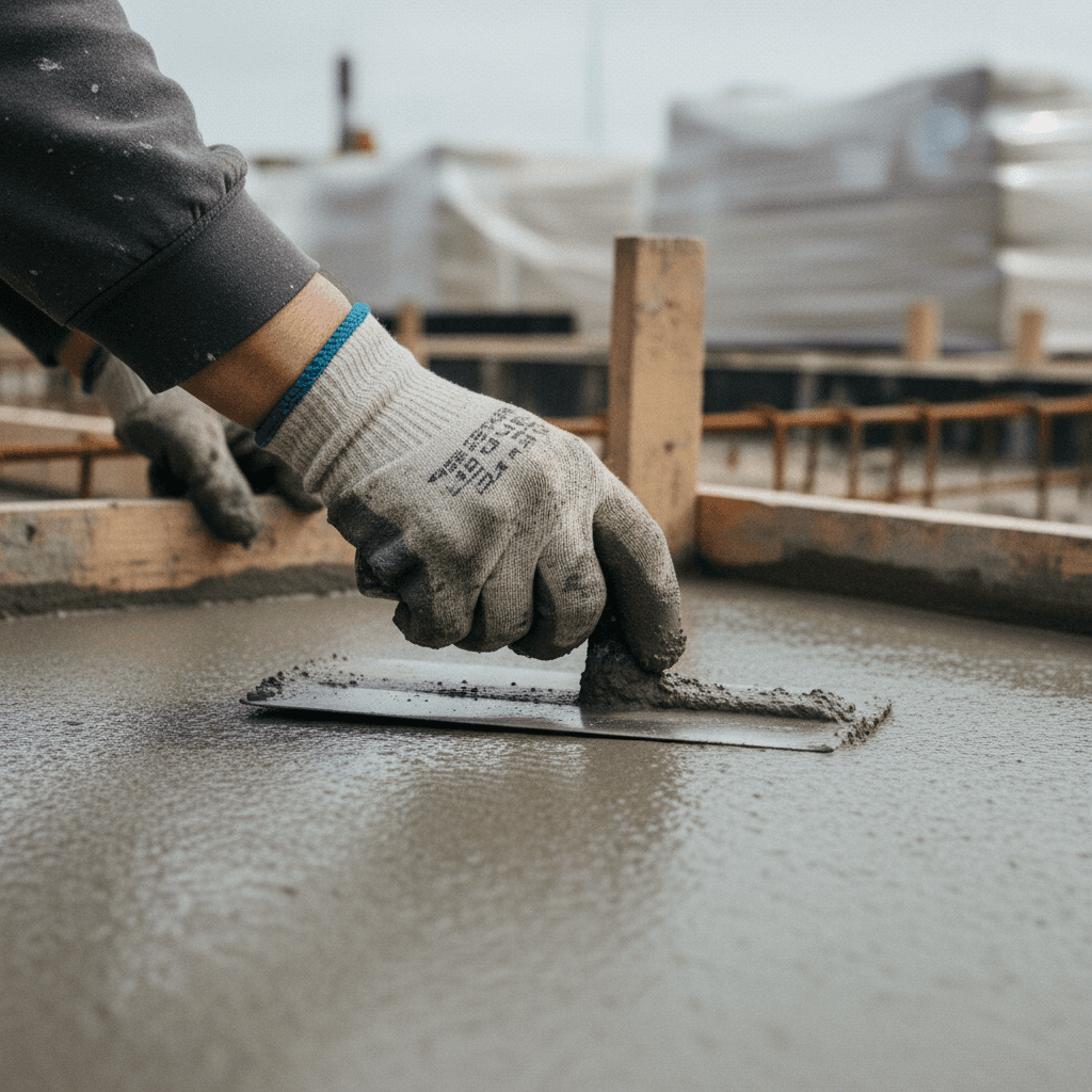 Builder in work clothes smoothing concrete on a subfloor in a London renovation