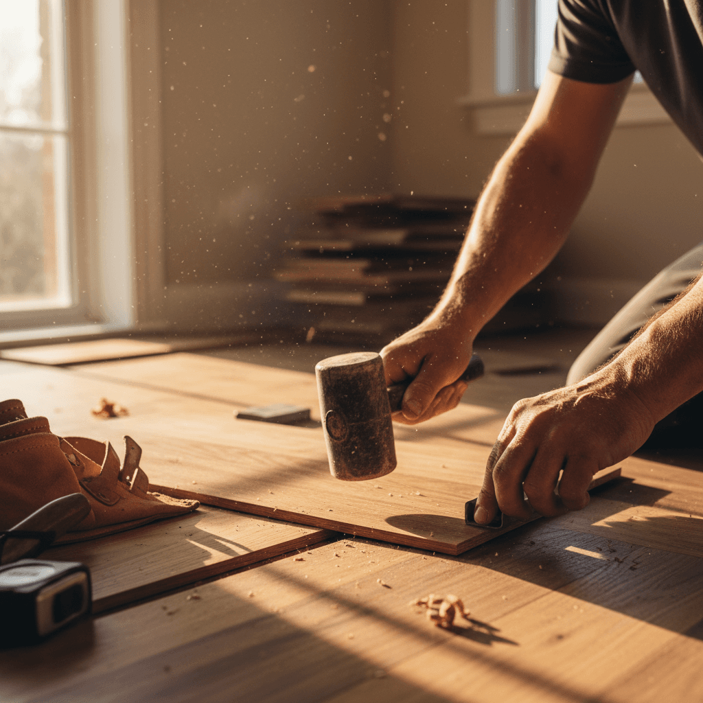 Hands of a builder fitting a timber floorboard in a London property