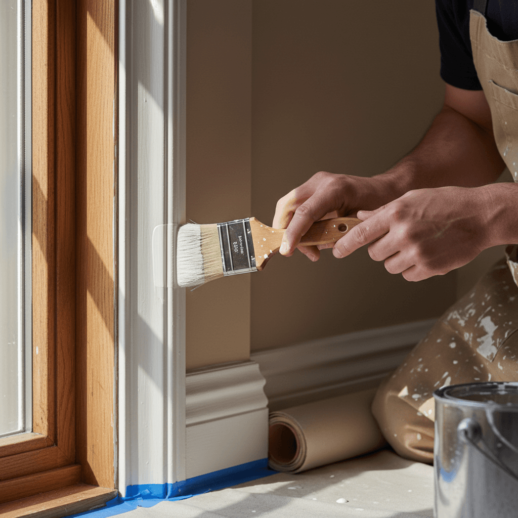 Close up of brush cutting in paint along window frame corner